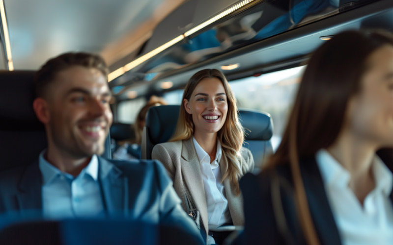 corporate employees on a VIP coach charter, business management, July 2024, UK