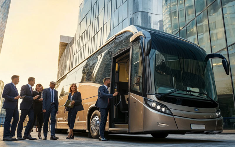 coaches transporting conference attendees to a hotel, transport needs, August 2024, UK