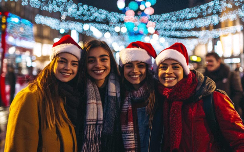 group posing together in Xmas light show on Oxford Street, wintry London, winter attractions, November 2024, UK