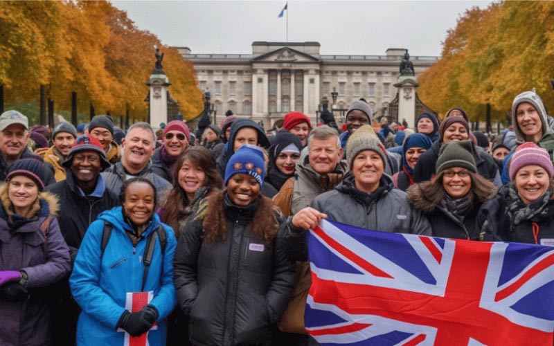 tour group posing at the Buckingham Palace, UK royal fans, October 2024, UK