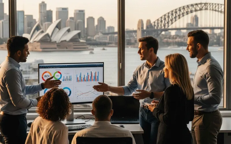 Team reviewing ROI metrics after implementing fleet management software