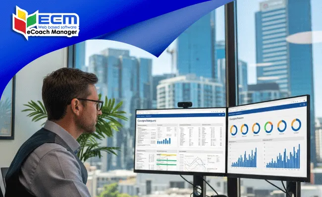 Transport manager reviewing automated compliance reports on eCoachManager software, fleet management