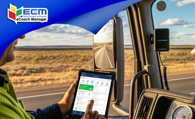 Driver using mobile compliance app connected to eCoachManager. fleet software trends