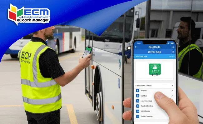 The driver using the ECM Driver App to complete a digital walkaround check and submit real-time updates