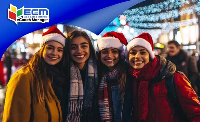 thumbnail group posing together in Xmas light show on Oxford Street, wintry London, winter attractions, winter group tours