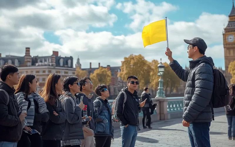 Chinese tourists listening to a guide holding a flag, international tourists, November 2024, UK